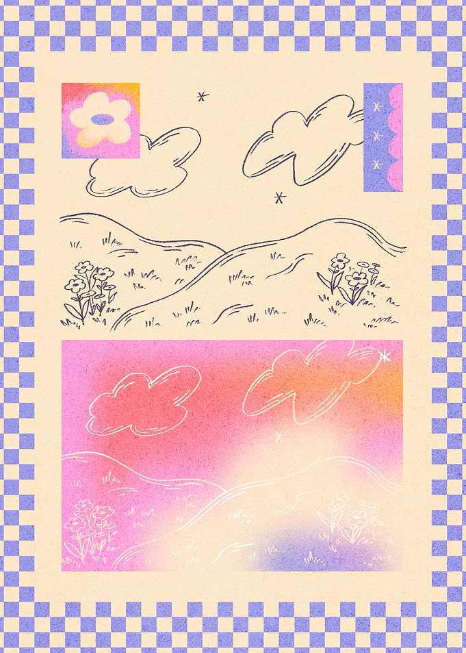 Whimsical Landscape with Clouds and Flowers
