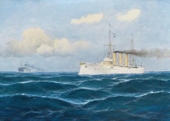 Warships sailing on a choppy sea