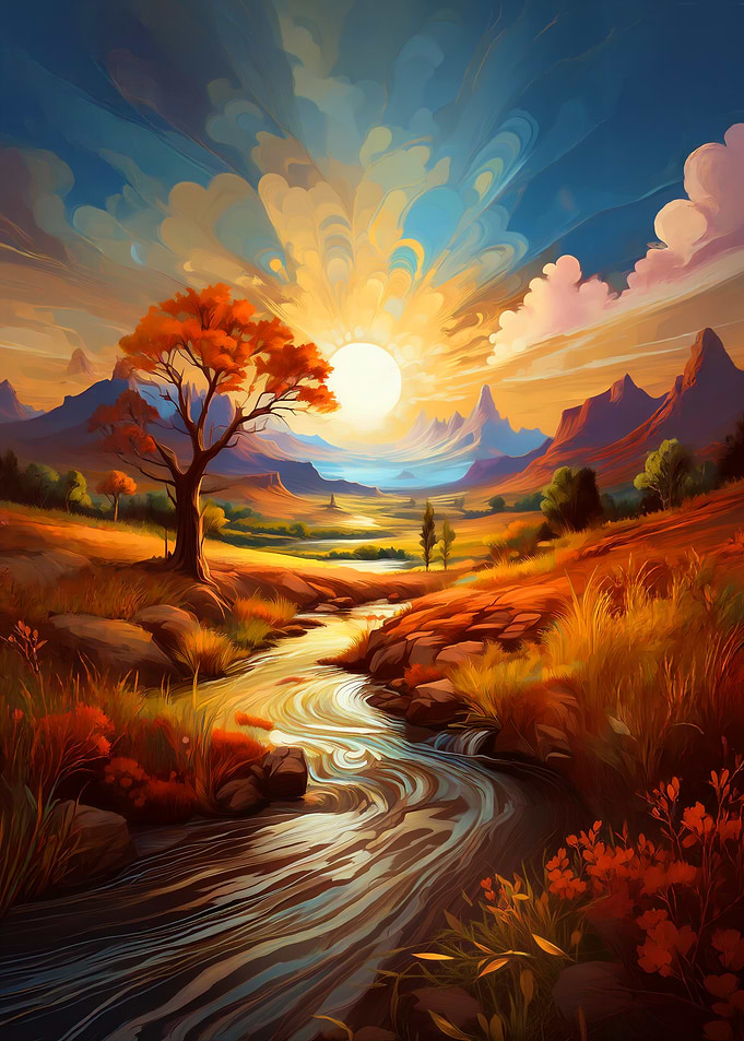 Autumn Landscape with River and Sun
