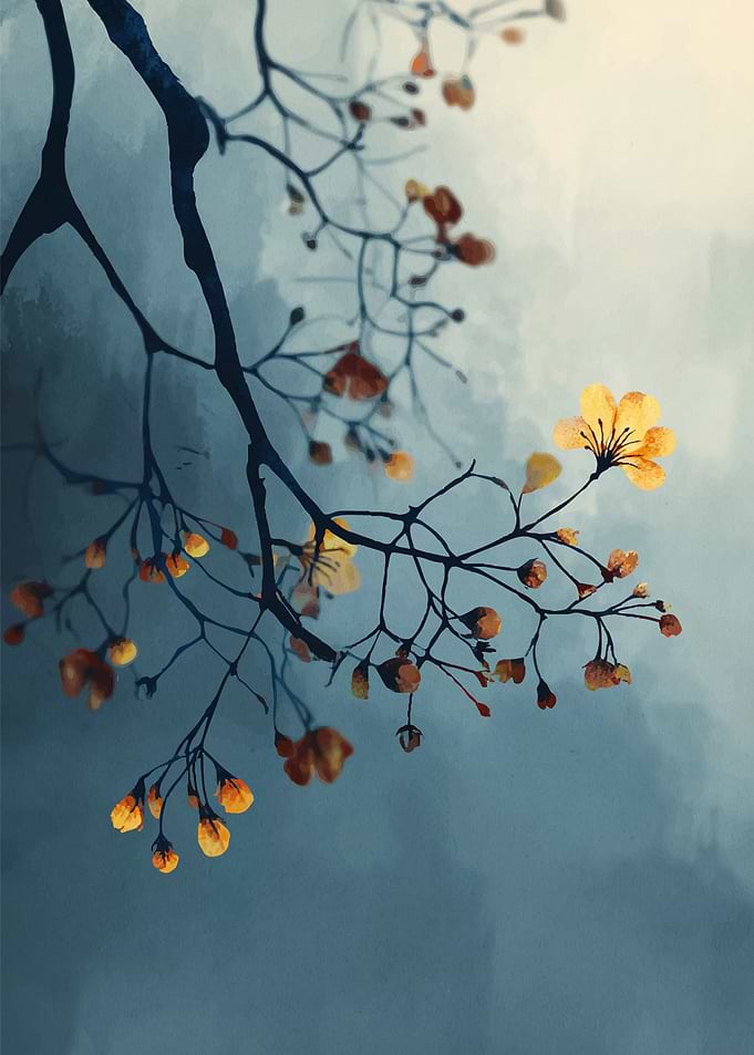 Delicate Yellow Flowers on Dark Branches