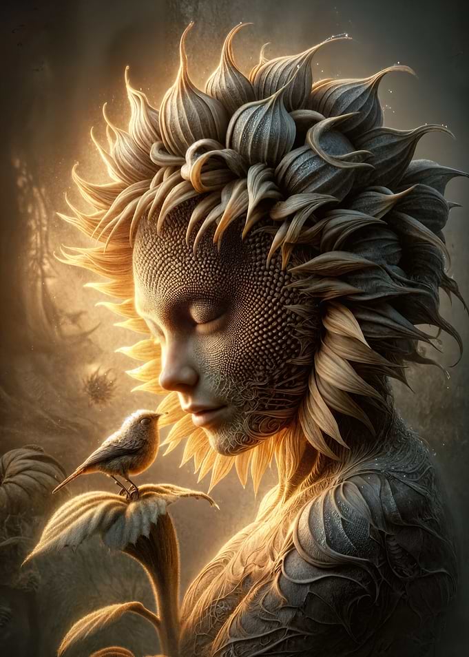 Sunflower Woman with Bird