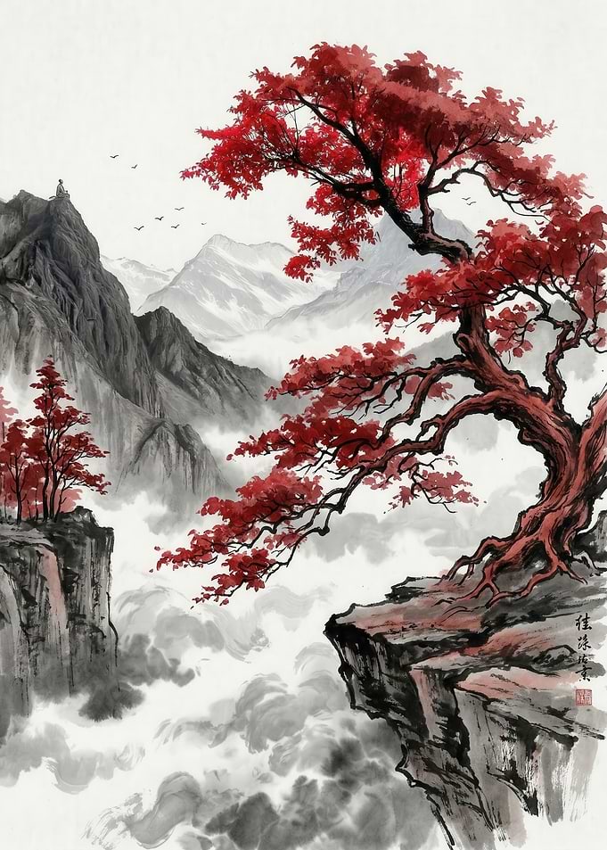 Misty Mountains with Red Maple Tree