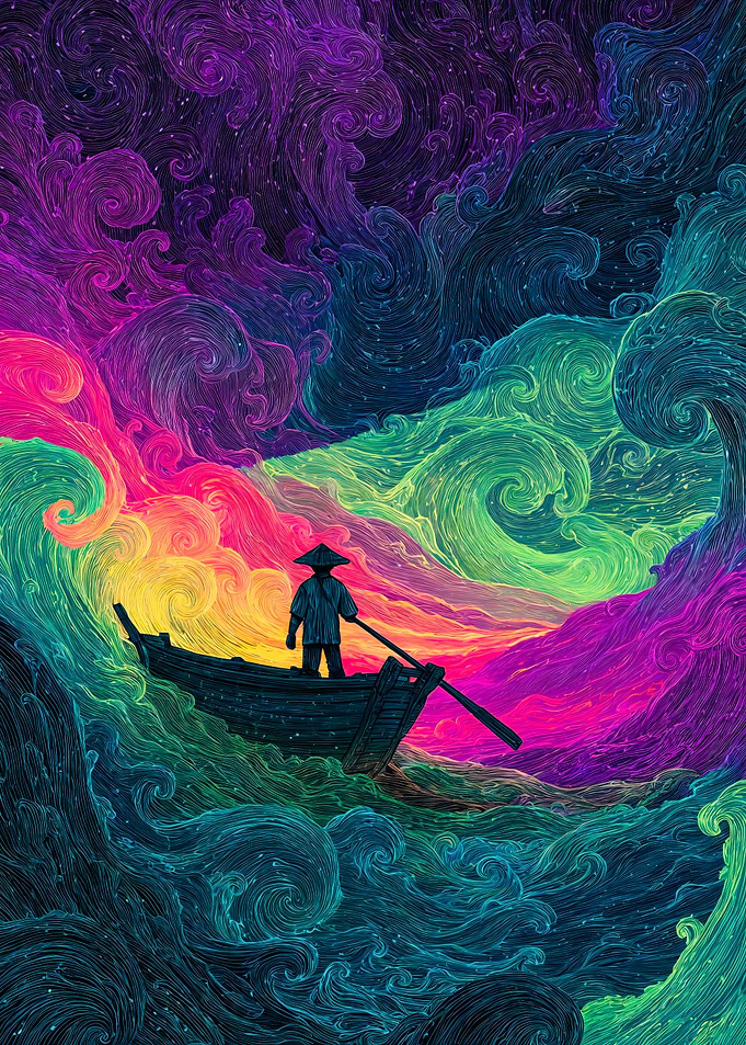 Man In Boat Colorful Waves