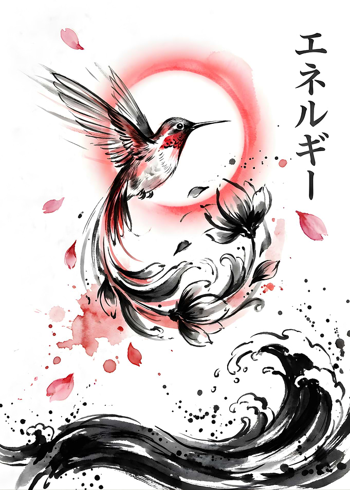 Hummingbird and Flowers in Japanese Art Style