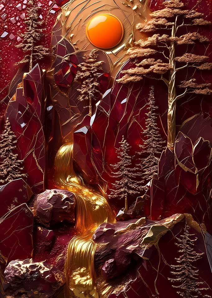Garnet Mountain Landscape with Golden Waterfall