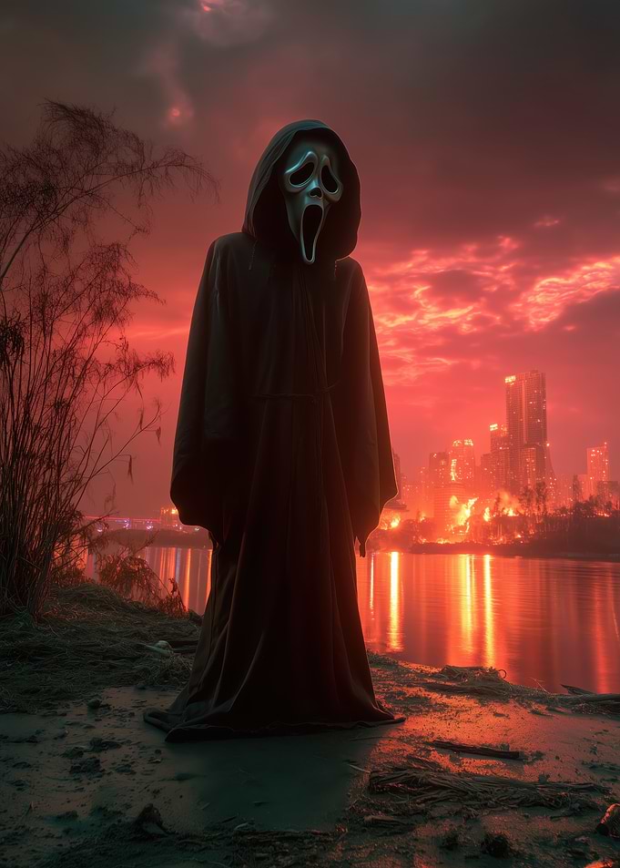 Ghostface in a Fiery Cityscape