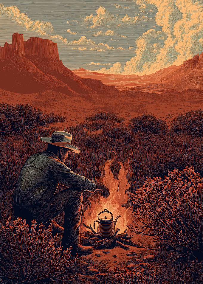 Cowboy by Campfire in Desert Landscape