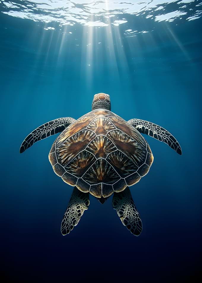 Sea Turtle Swimming Towards Sunlight