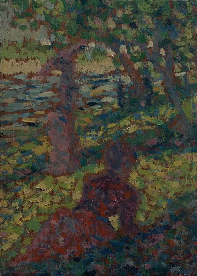 Person sitting under trees by water