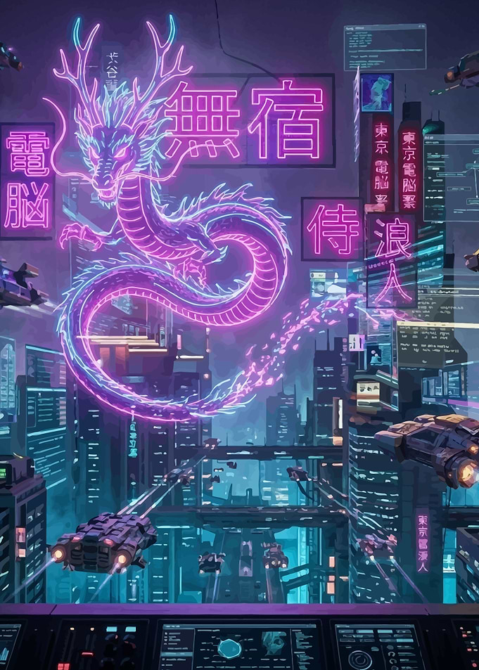 Cyberpunk Neon Dragon Cityscape
