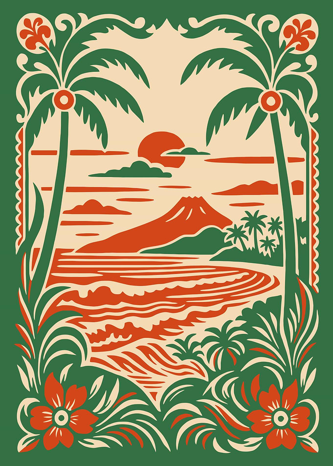Tropical Sunset Landscape with Volcano
