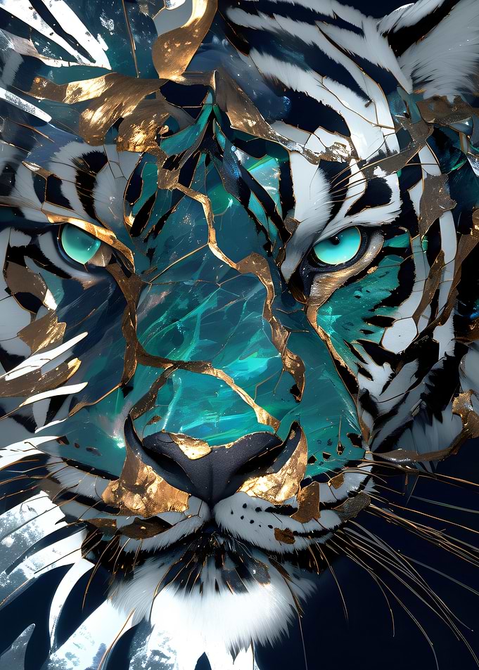 Cracked Tiger Face with Teal and Gold