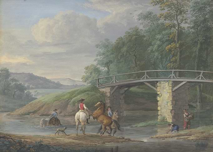 Rural River Scene with Bridge and Riders