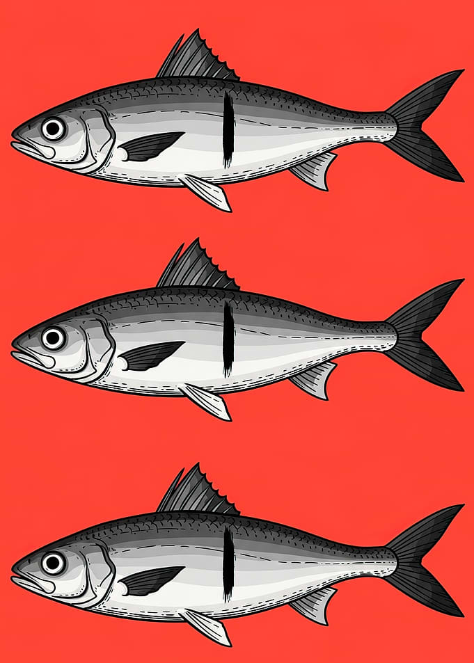 Three Sardines on Red Background