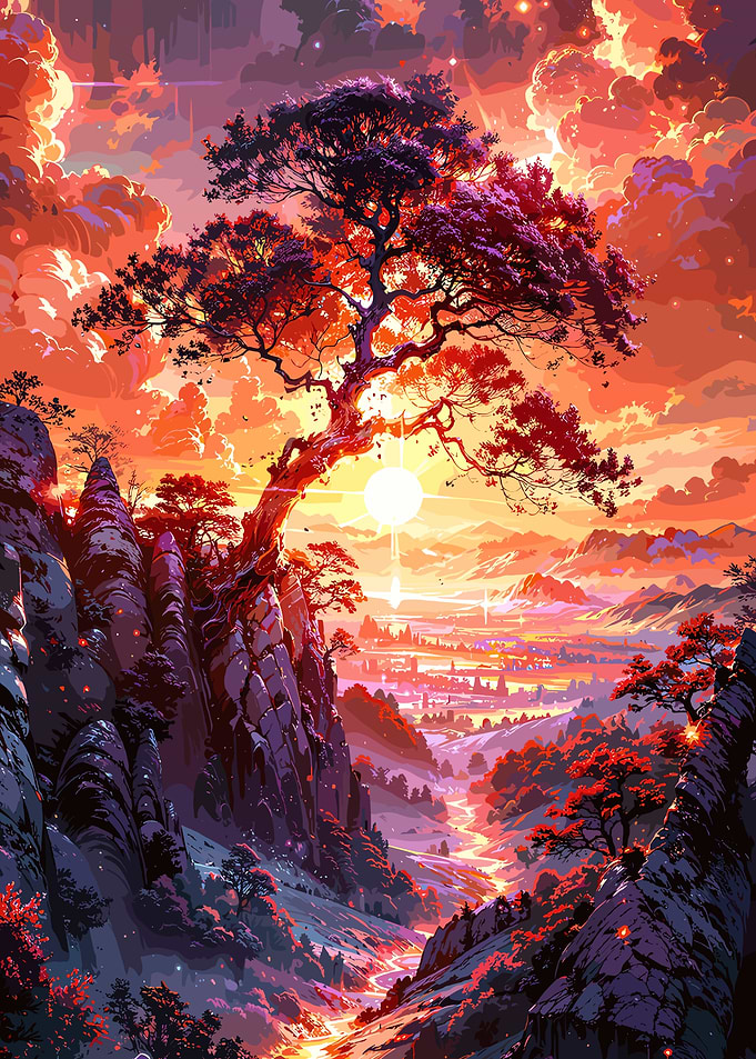 Fantasy Mountain Landscape at Sunset