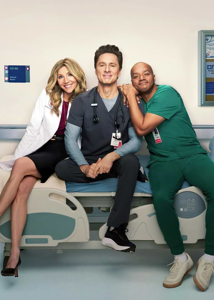 Scrubs Cast Posing on Hospital Bed