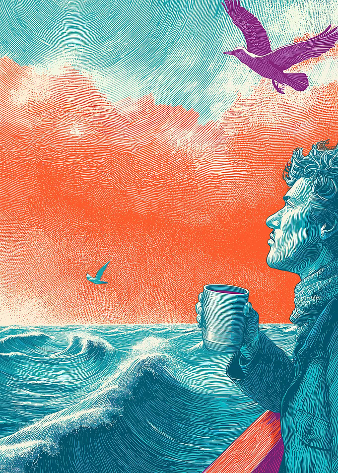 Man with Coffee on a Boat at Sea