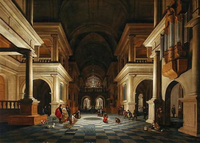 Interior of a Grand Church with People