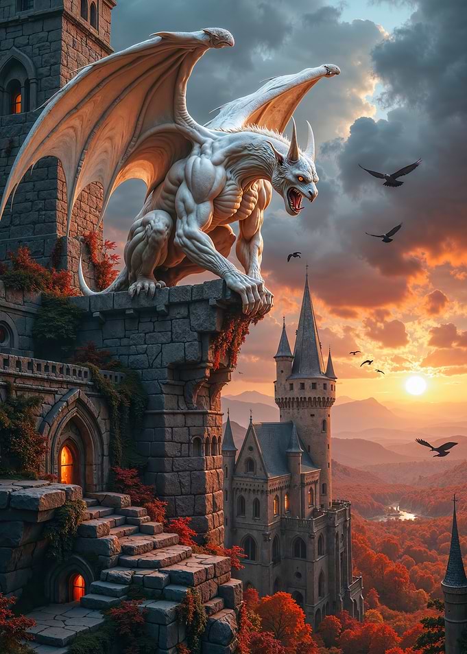 Fantasy Dragon Gargoyle on Castle at Sunset