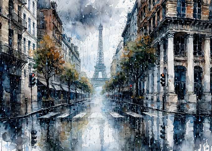 Eiffel Tower in Paris during rain