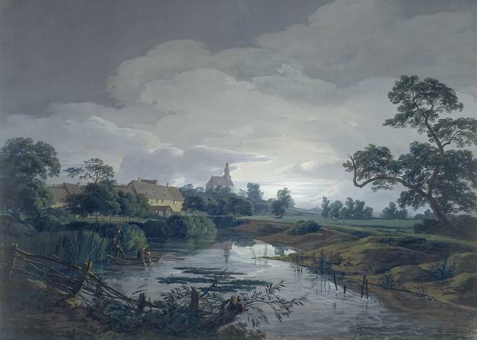 Moonlit Village by a River