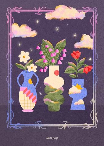 Whimsical Floral Vases with Clouds and Stars