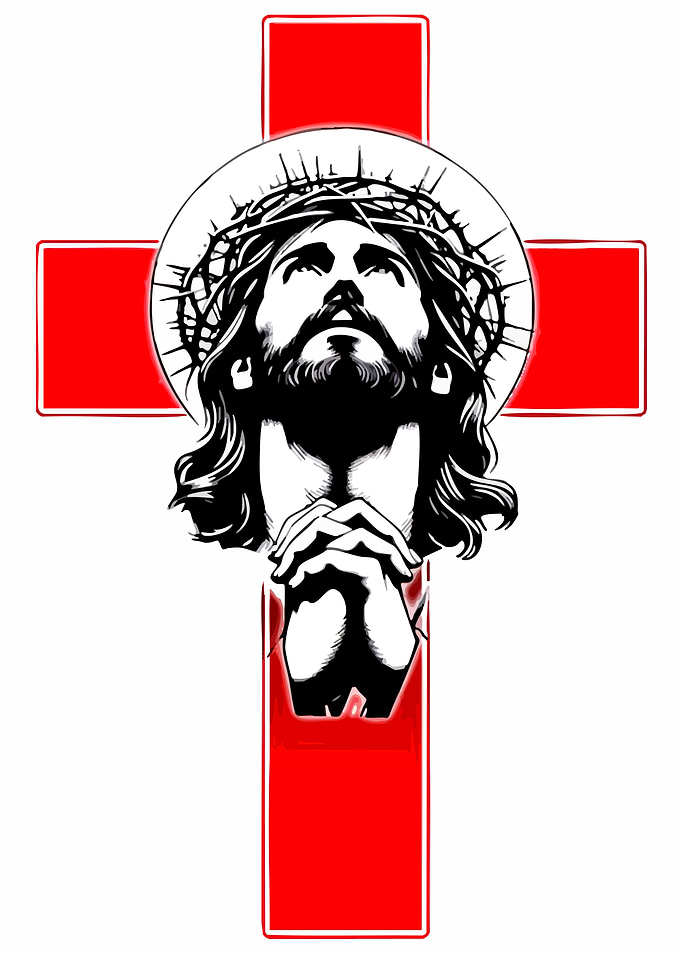 Jesus Christ praying on a red cross