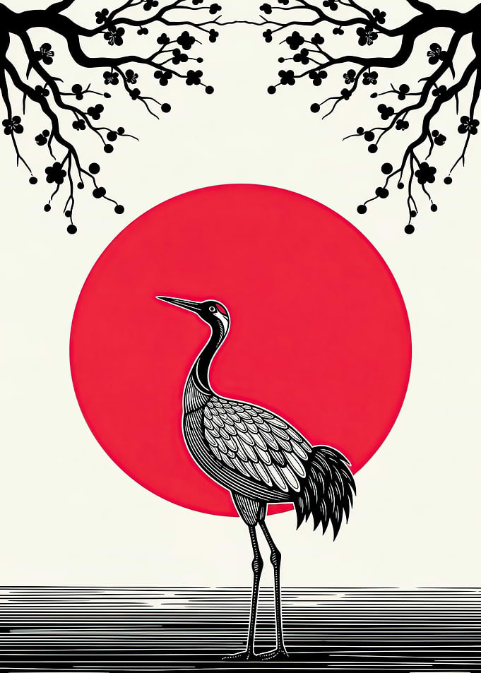 Crane and Red Sun