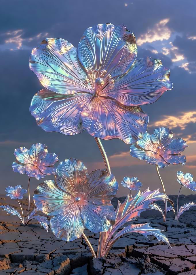 Iridescent Flowers in Cracked Earth