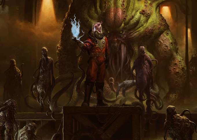 Cosmic Horror Scene with Astronaut and Monsters