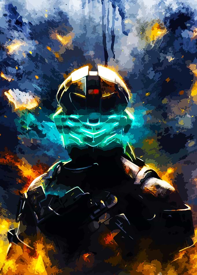 Isaac Clarke in a fiery background