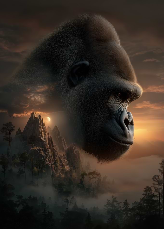 Gorilla Overlooking Misty Mountains
