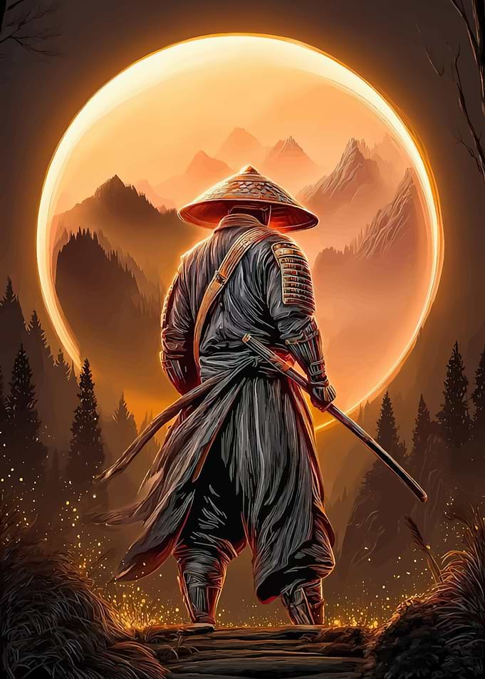 Samurai Warrior Under a Giant Moon