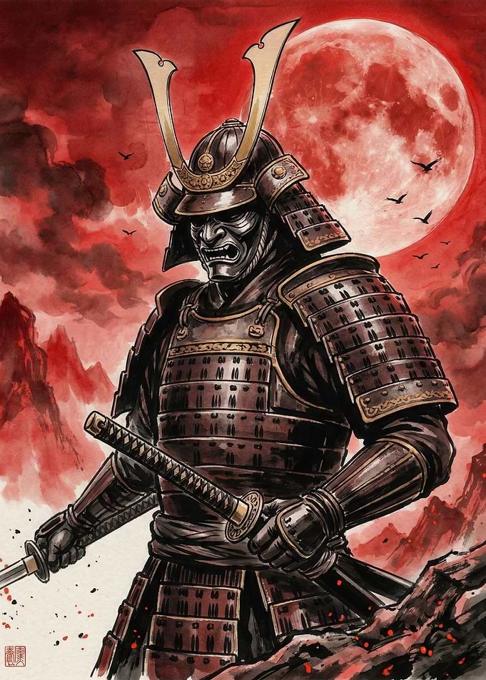 Samurai Warrior Under a Blood Moon
