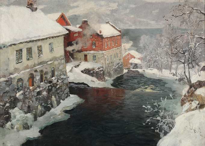 Winter Village Scene by a River