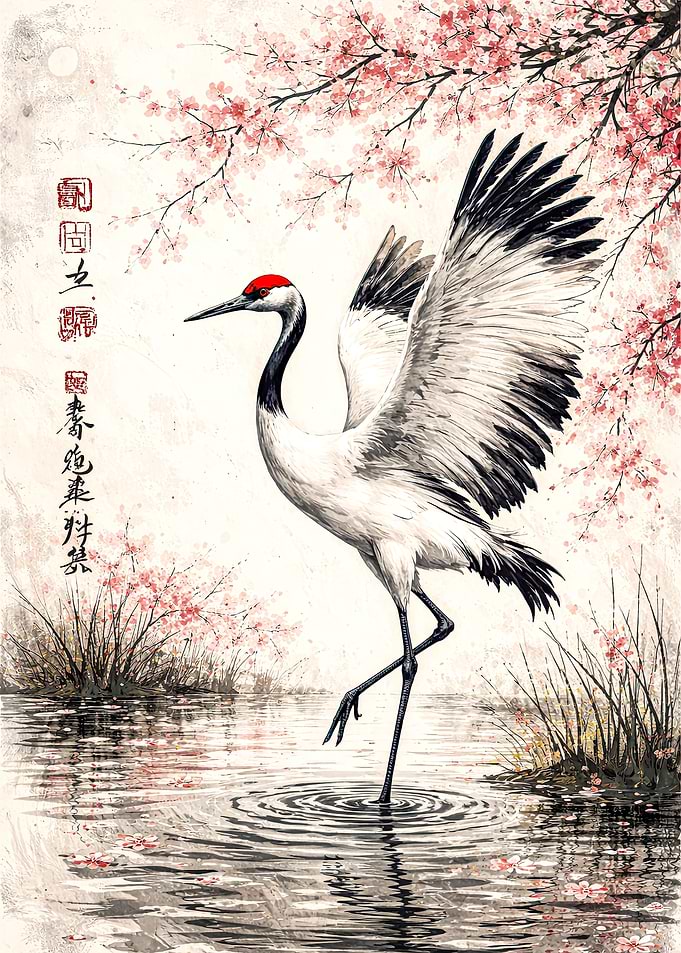 Red-crowned Crane and Cherry Blossoms