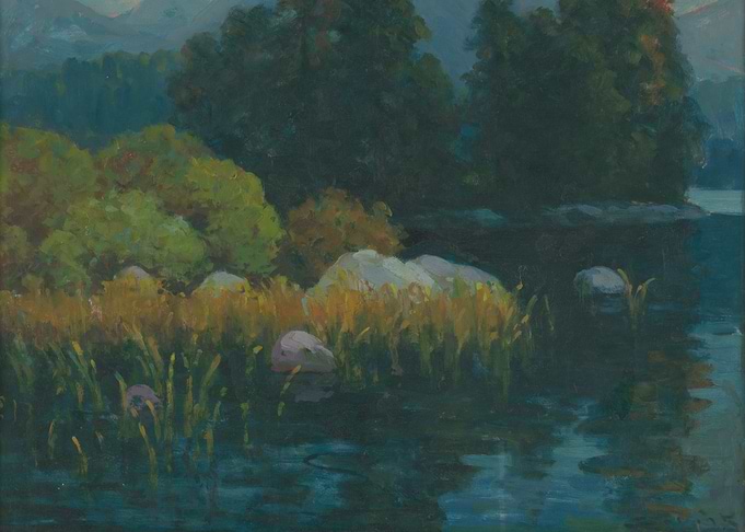 Impressionistic Lake Landscape with Reeds and Rocks