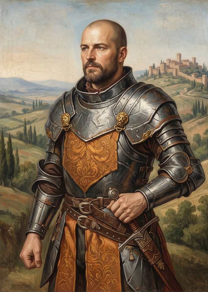Knight in Armor in Tuscan Landscape