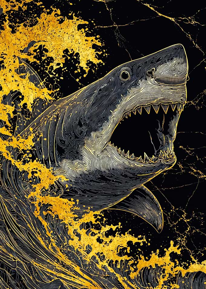 Gold Shark Jumping Through Golden Waves