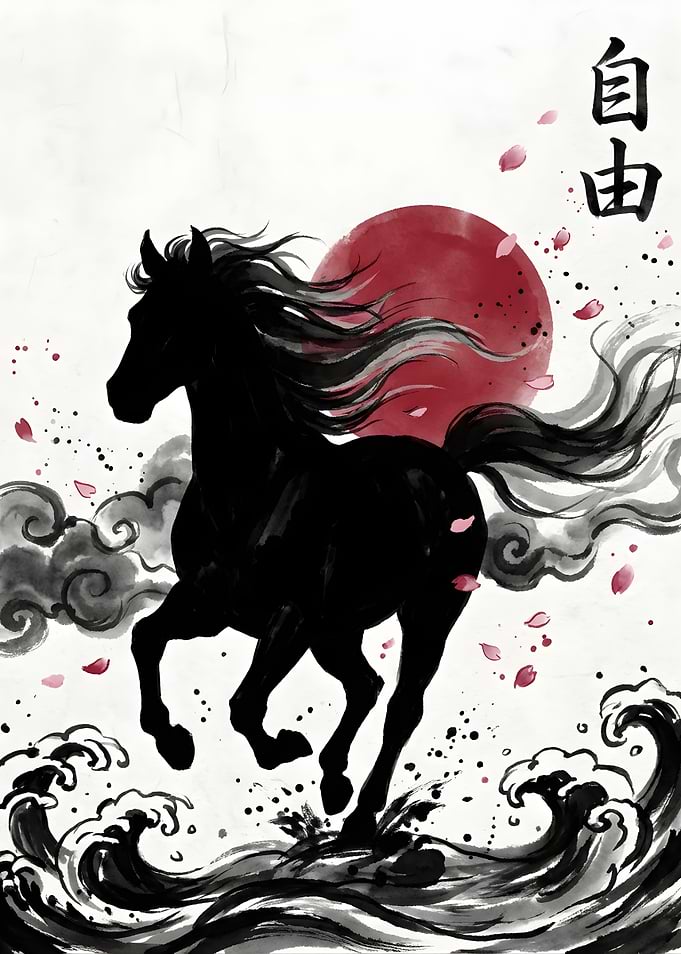 Black Horse Running Through Waves