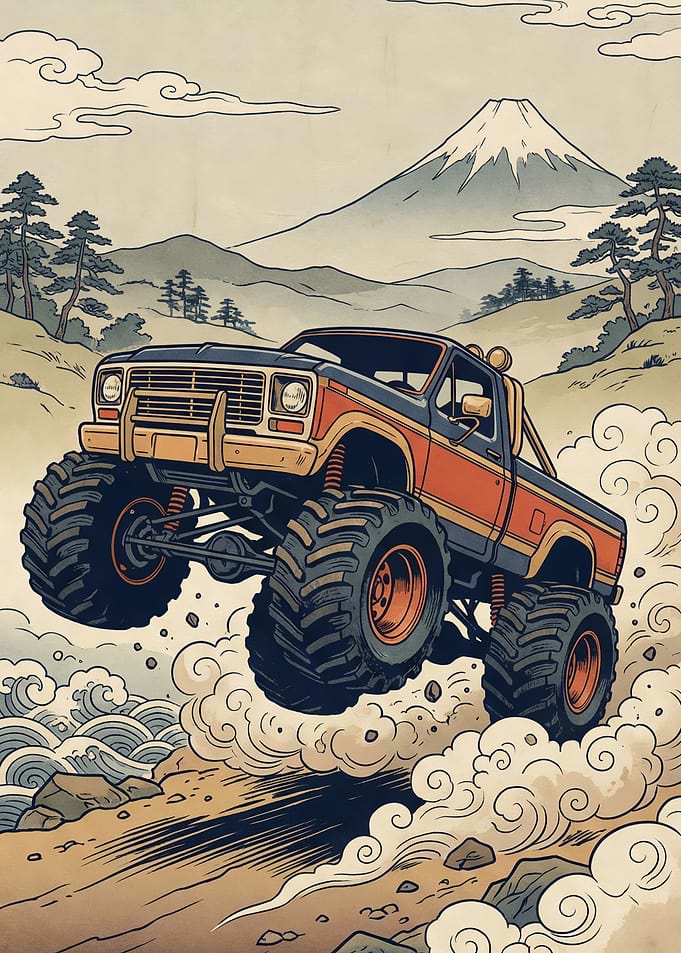 Monster Truck Jumping with Mount Fuji Background
