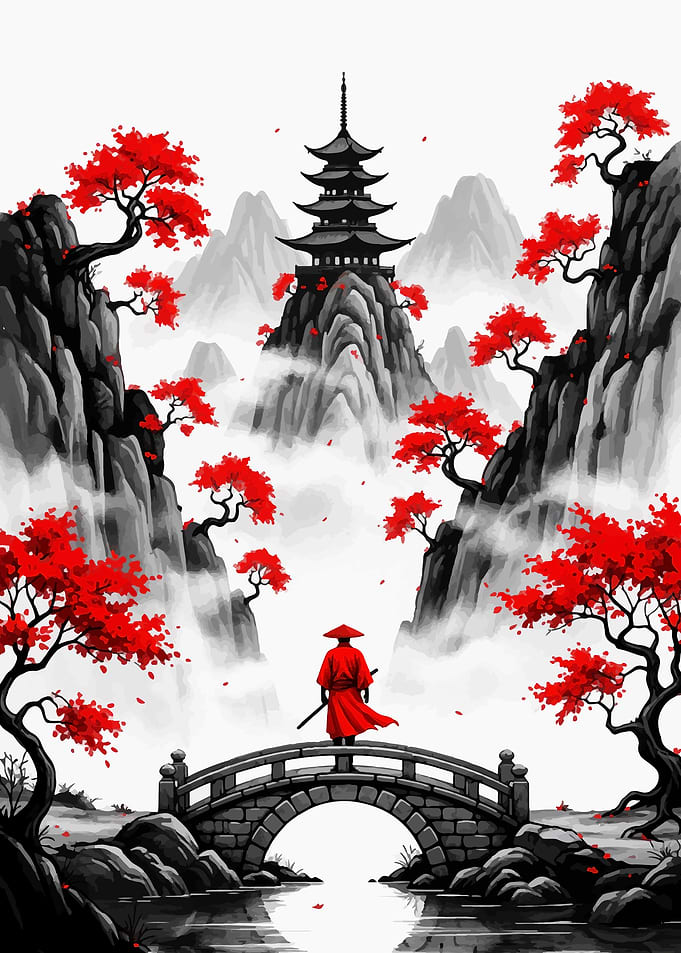 Samurai on a bridge with Japanese pagoda