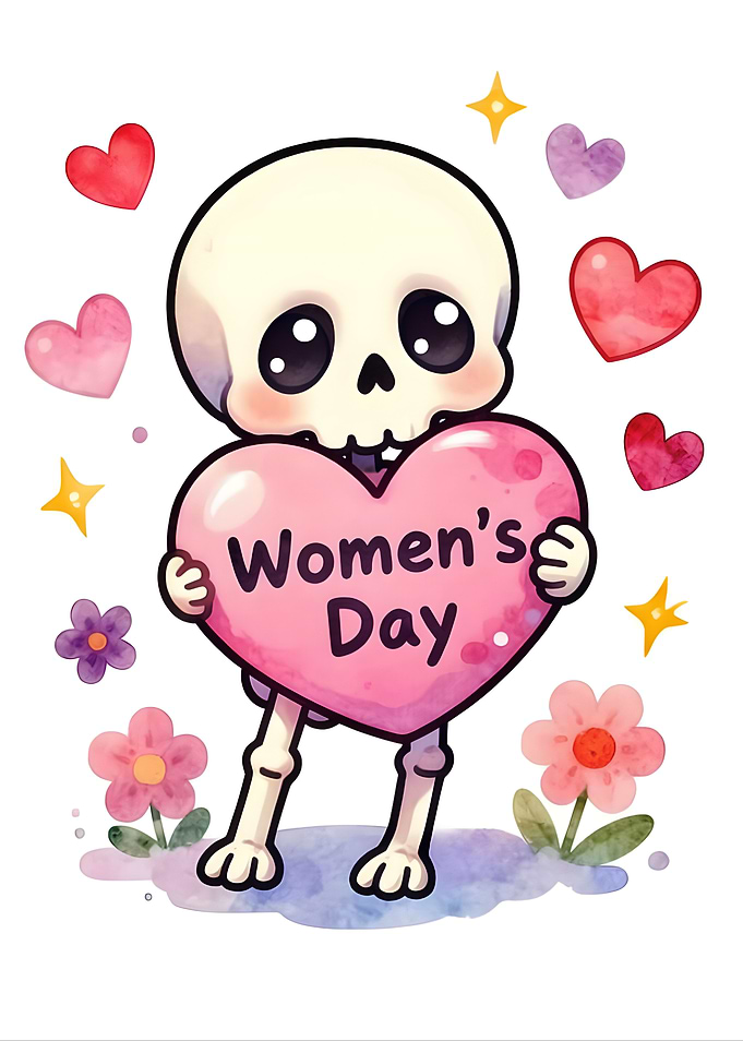 Cute Skeleton Holding Women's Day Heart