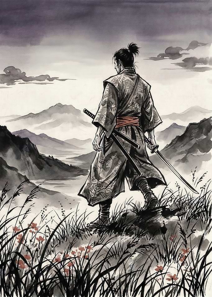 Samurai overlooking a misty mountain landscape