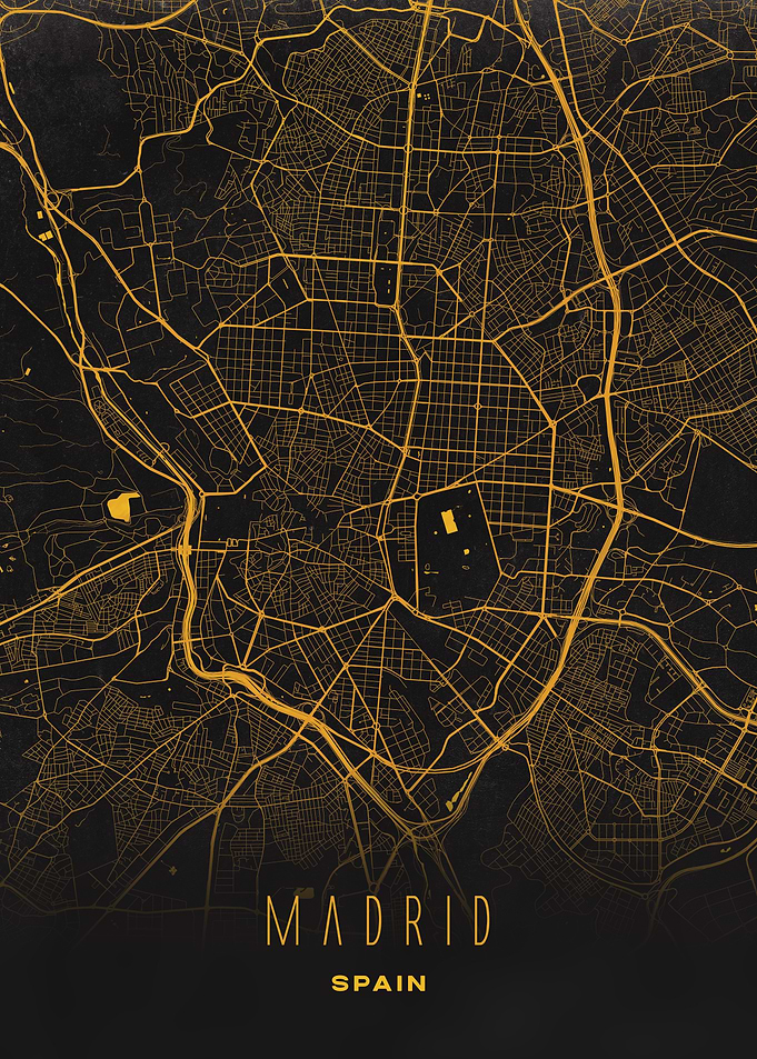 Madrid, Spain - Golden City Streets Map, Wall Art Poster