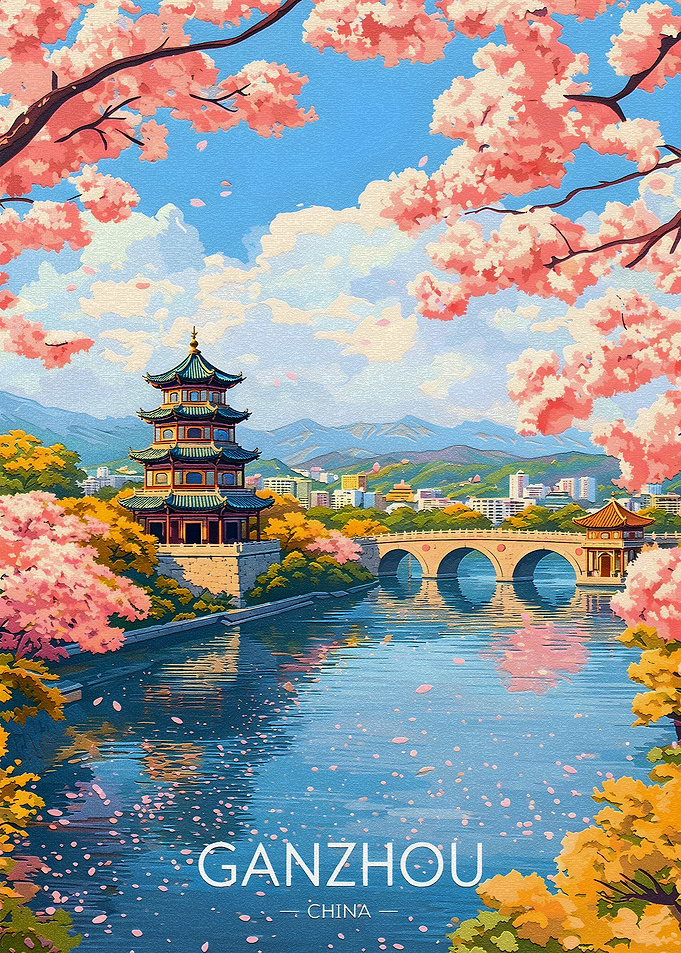 Ganzhou China Cherry Blossom River Scene