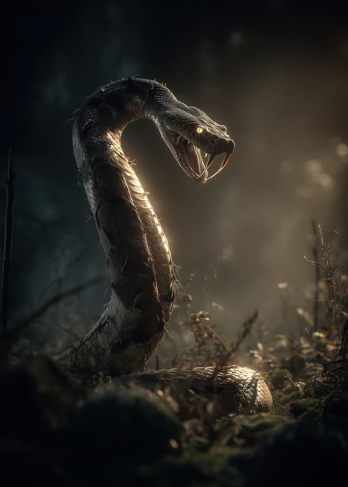 Aggressive Snake in Dark Forest