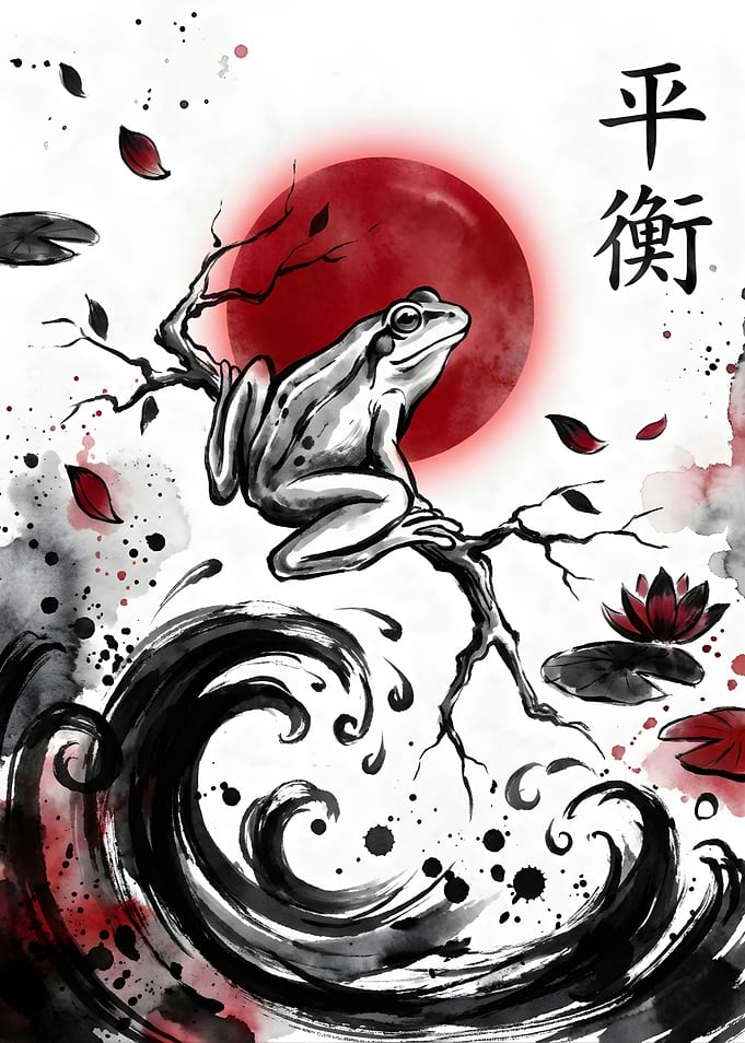 Frog on Branch with Japanese Sun and Waves