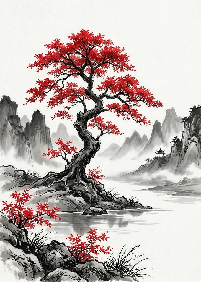Japanese Ink Painting of a Red Maple Tree