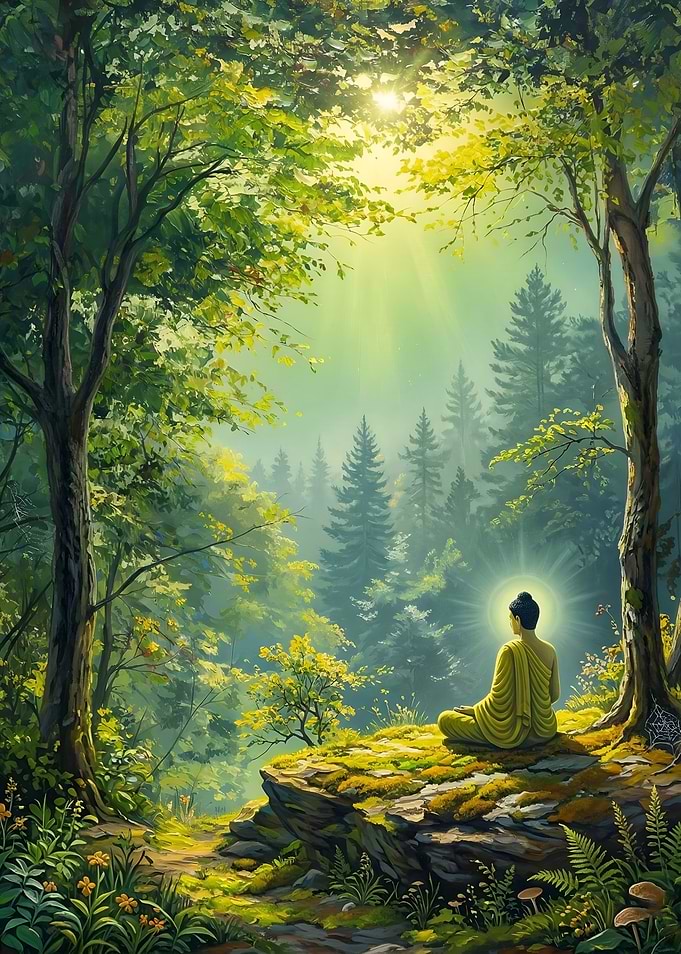 Buddha meditating in a serene forest